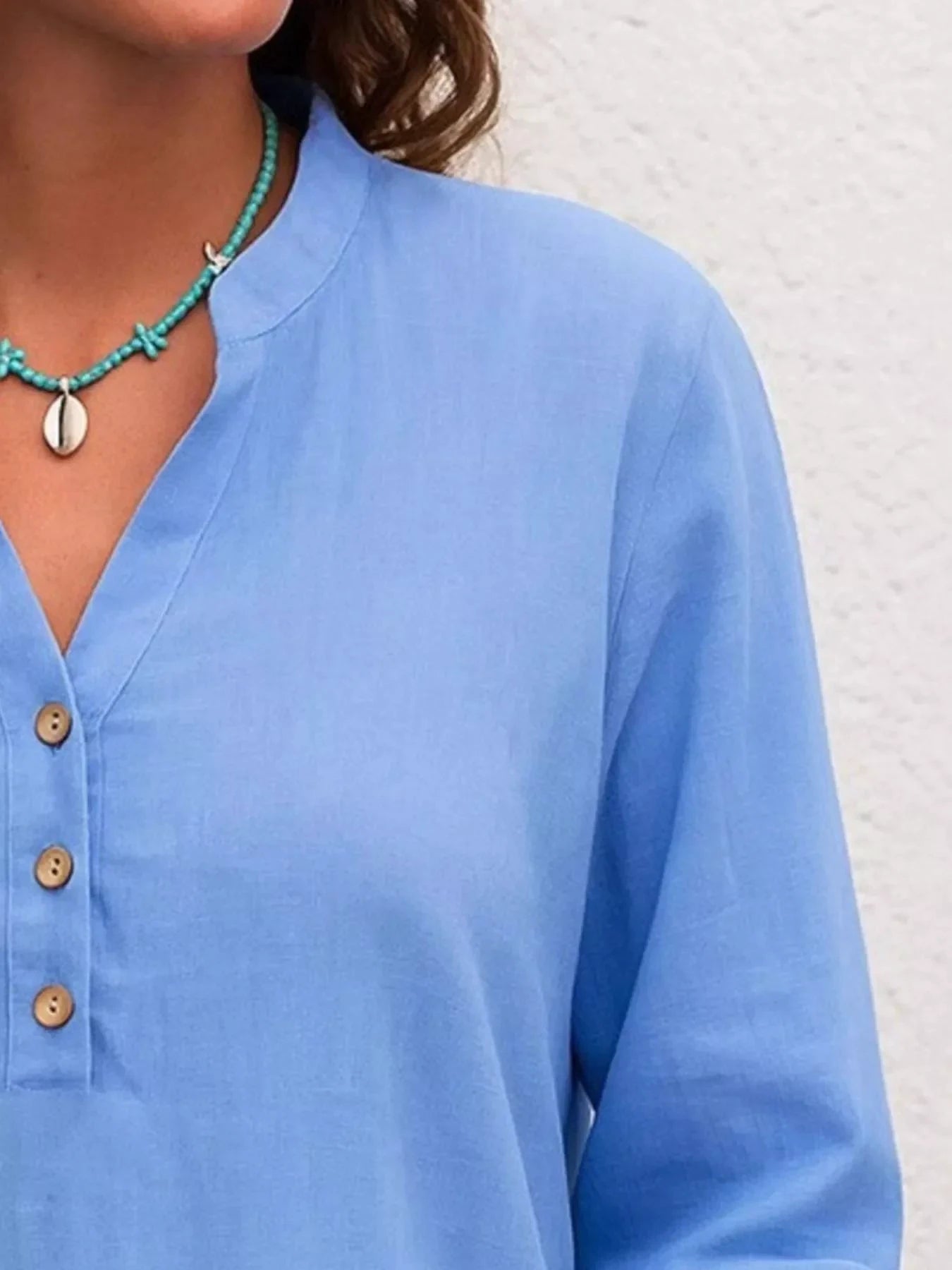 Full Size Button Detail Notched Long Sleeve Blouse Plus Size by Lady Ros