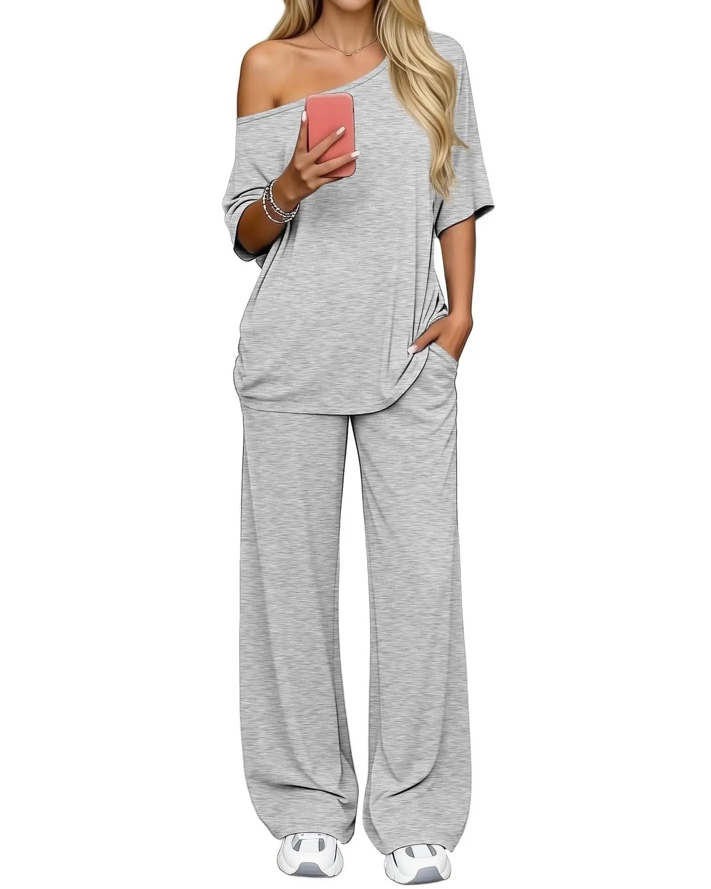Off-shoulder Loose Casual Short-sleeve Top And Wide-leg Pants Two-piece Set by GJG Denim