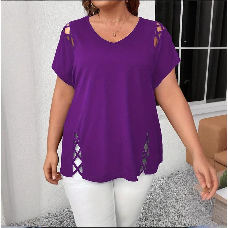 Women's Plus Size Criss Cross Short Sleeve V Neck T-Shirt Tops by GJG Denim