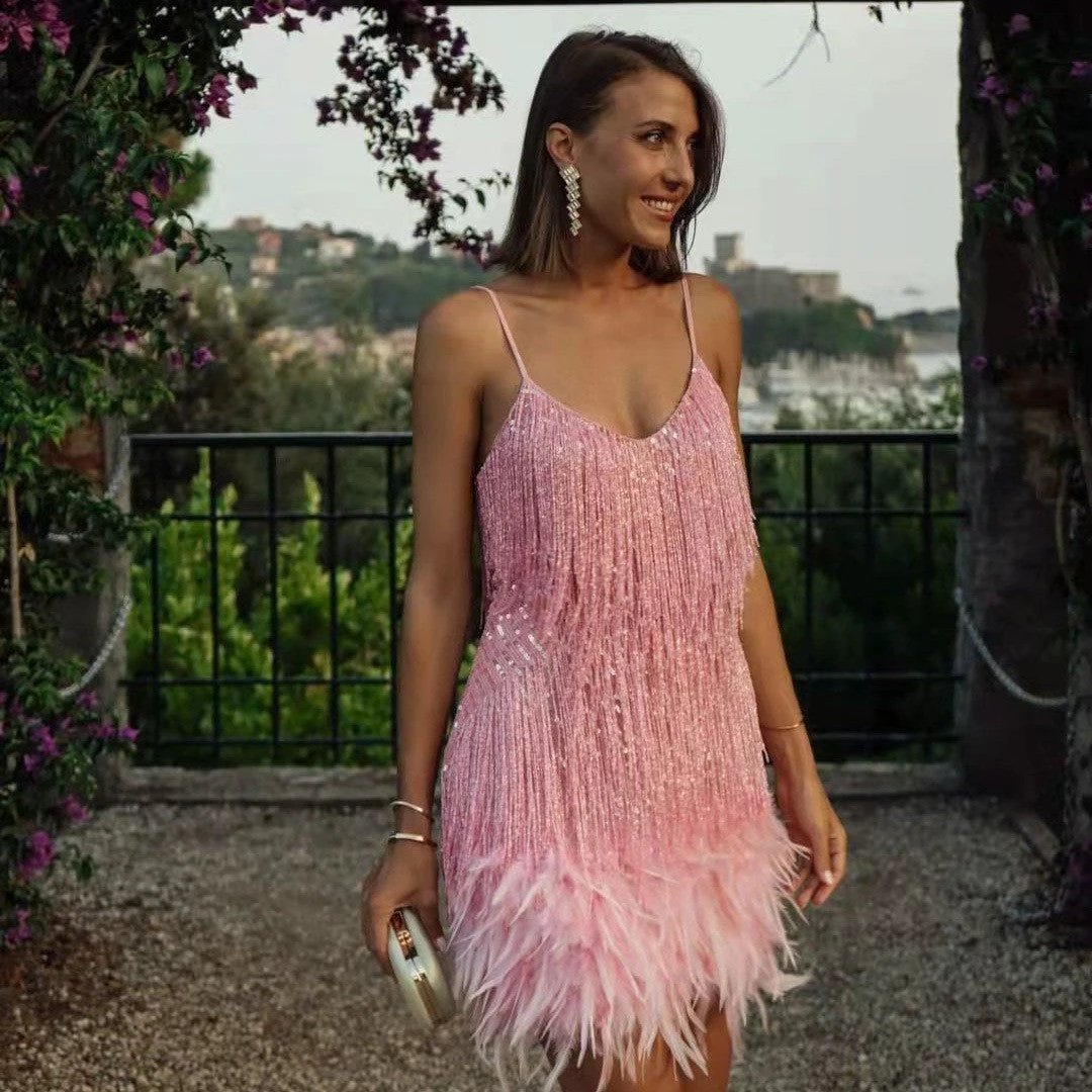 Sexy Tassel Sequins Feather Summer Mini Dress Women V Neck Spaghetti Strap Stitching Dresses Female Elegant Evening Party Club Dress by GJG Denim