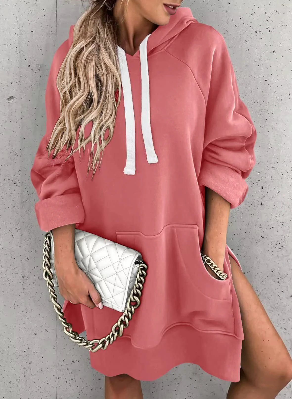 Women's Solid Color Hooded Mid-length Sweater by GJG Denim