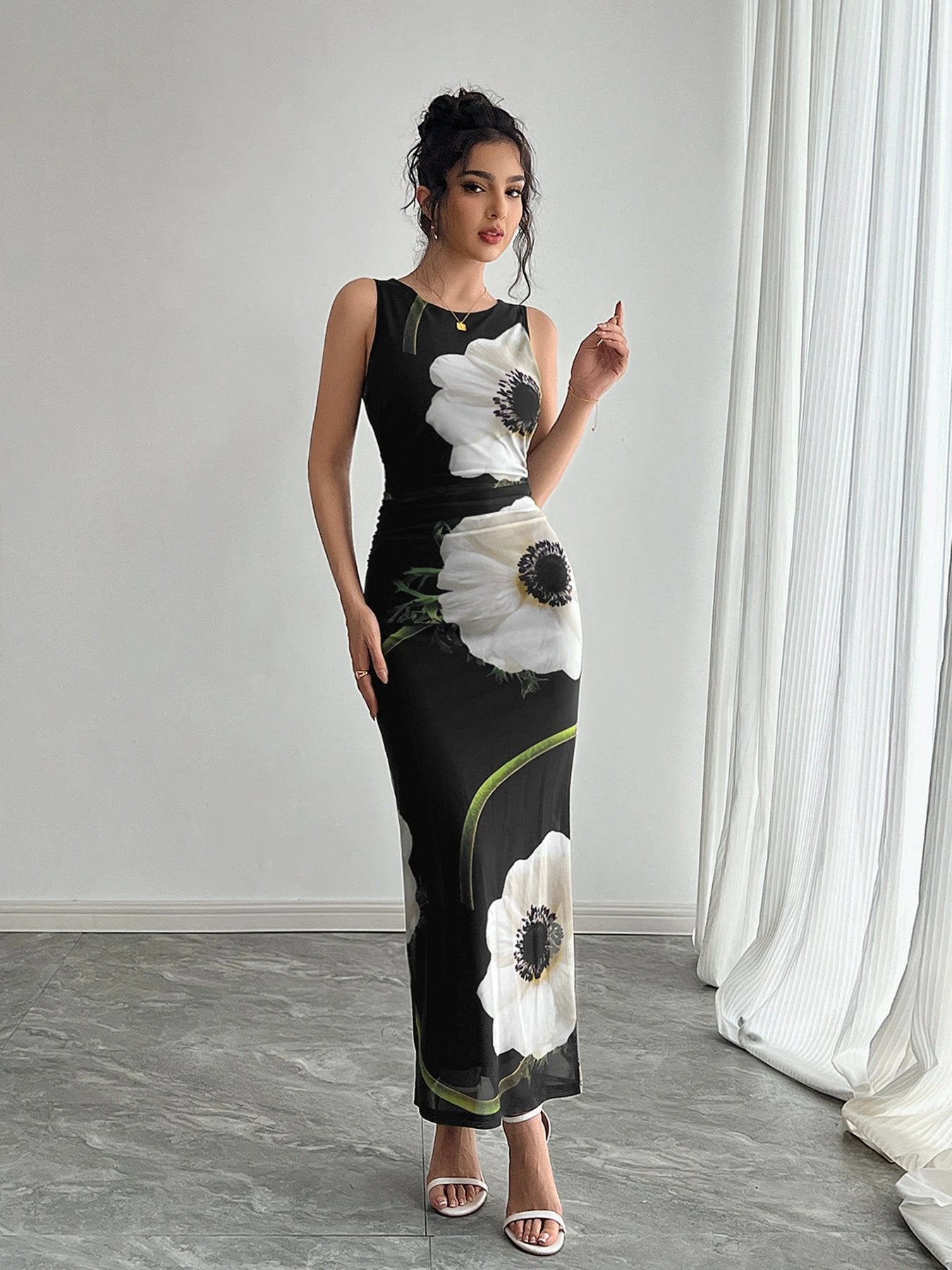 Women's Black Mesh Floral Print Sleeveless Dress Long Dress by GJG Denim