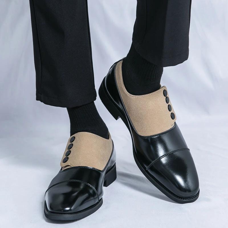 Men's Slip On Low Top Pointed Round Toe Button Leather Shoes by GJG Denim