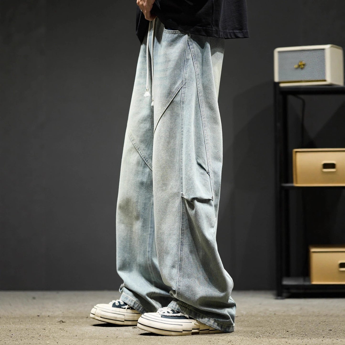 Retro Washed Casual Loose Wide-Leg Cargo Pants For Men by GJG Denim