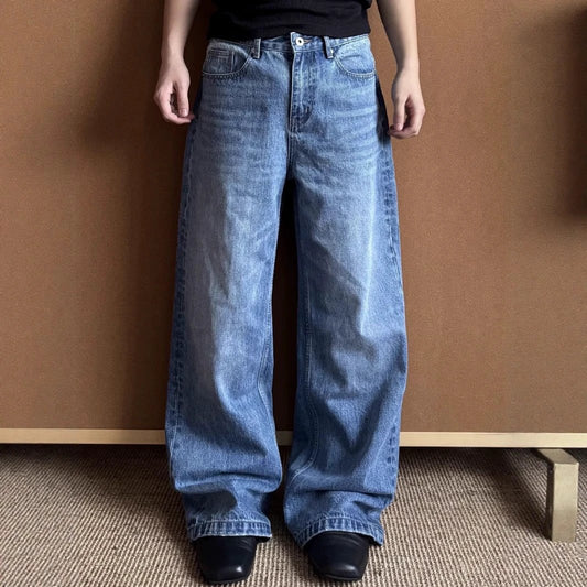Men's Washed Distressed A- Line Loose Straight Jeans by GJG Denim