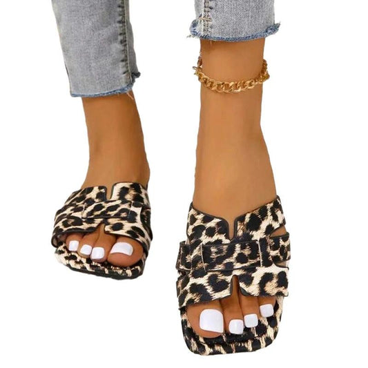 Leopard Print Square Toe Casual Sandals by GJG Denim