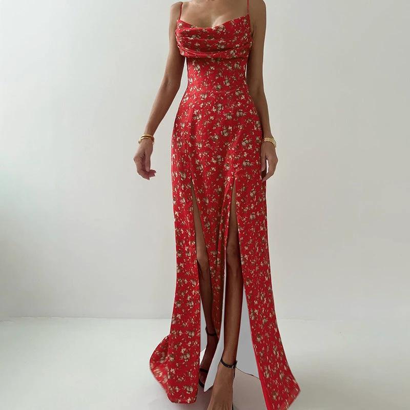 Women's Printed High Waist Slit Off-neck Dress by GJG Denim