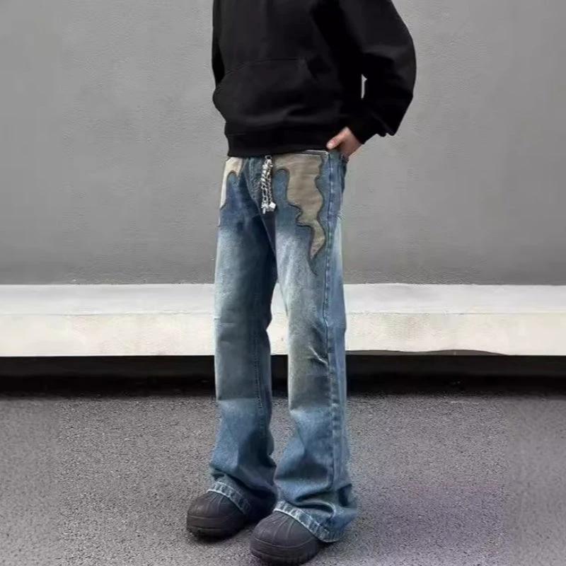 Men's Retro Flame Washed Straight Leg Jeans by GJG Denim
