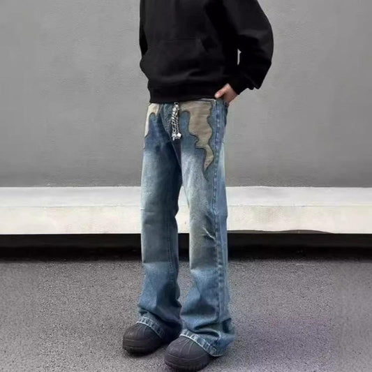Men's Retro Flame Washed Straight Leg Jeans by GJG Denim