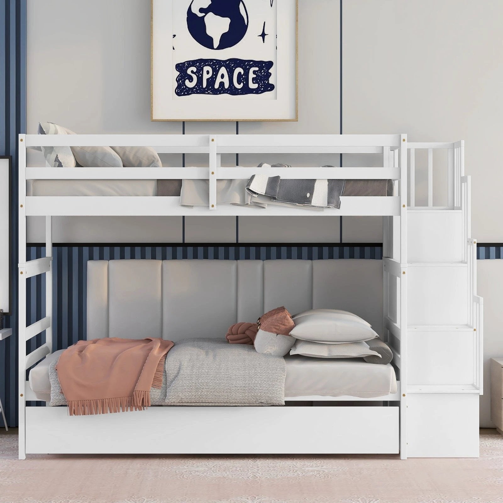 Twin Bunk Beds With Trundle & Stairway Storage In White by GJG Denim
