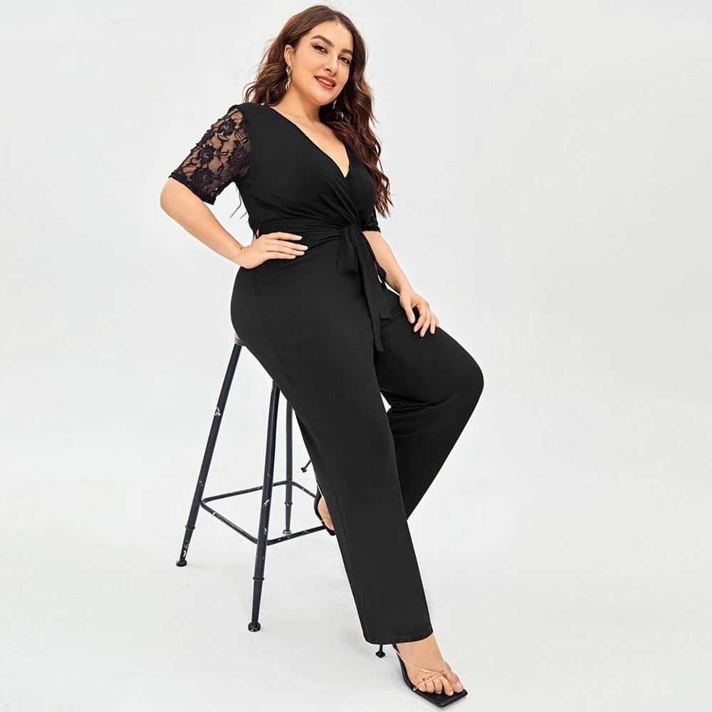 Women's Deep V Neck Lace Short Sleeve Plus Size Jumpsuit by GJG Denim