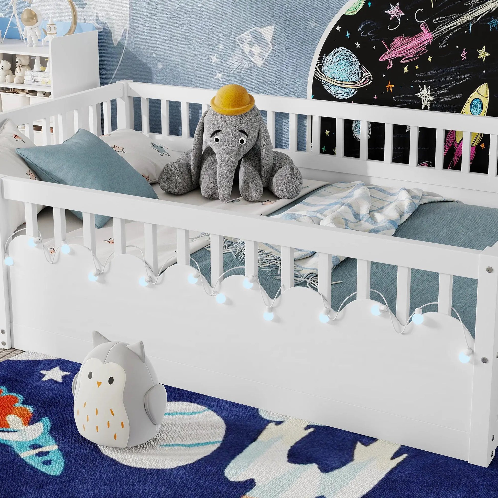 Full Montessori Floor Bed Frame With High Rails, Wood Kids Floor Beds With Light And Storage Shelf, White by GJG Denim