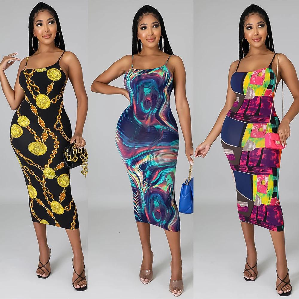 Fashion Sexy Digital Print Suspender Dress by GJG Denim