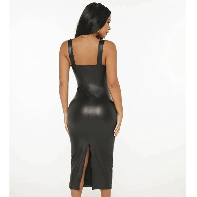 Sleeveless Square-Neck Cinched-Waist Sheath PU Midi Dress With Side Slit For Women by GJG Denim