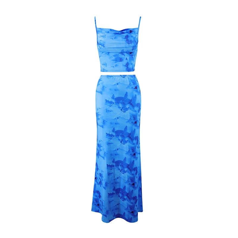 Niche Spaghetti Straps Midriff-baring Vest Sheath Skirt Two-piece Set by GJG Denim