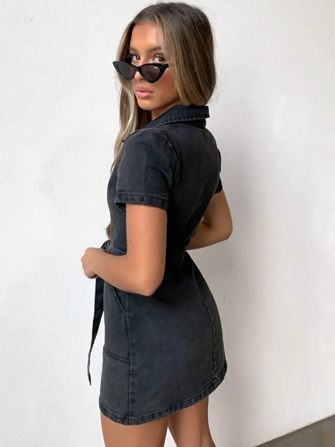 Full Size Zip Front Short Sleeve Denim Dress Plus Size by Lady Ros