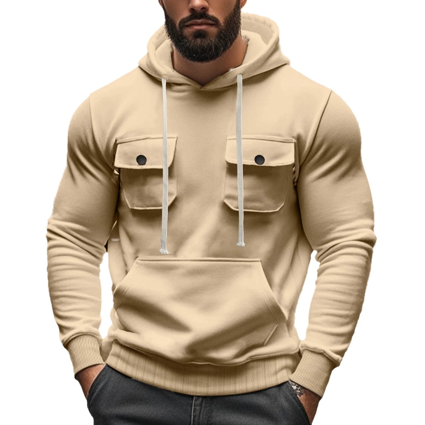 Men's Multi-pocket Long Sleeve Solid Color Hoodies by GJG Denim