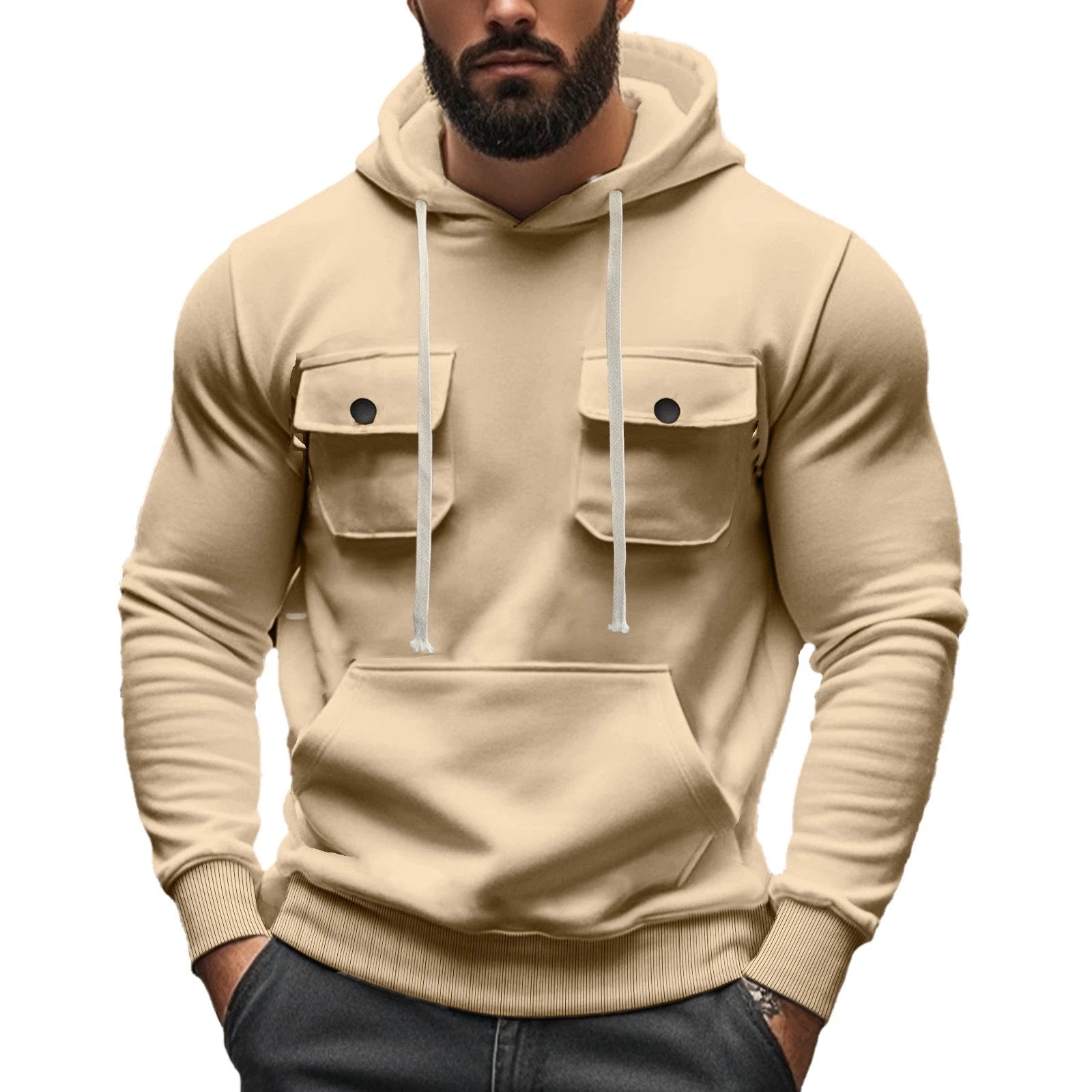 Men's Multi-pocket Long Sleeve Solid Color Hoodies by GJG Denim