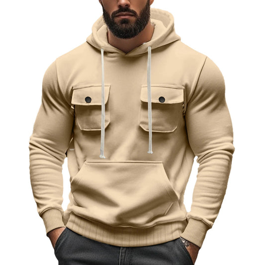 Men's Multi-pocket Long Sleeve Solid Color Hoodies by GJG Denim