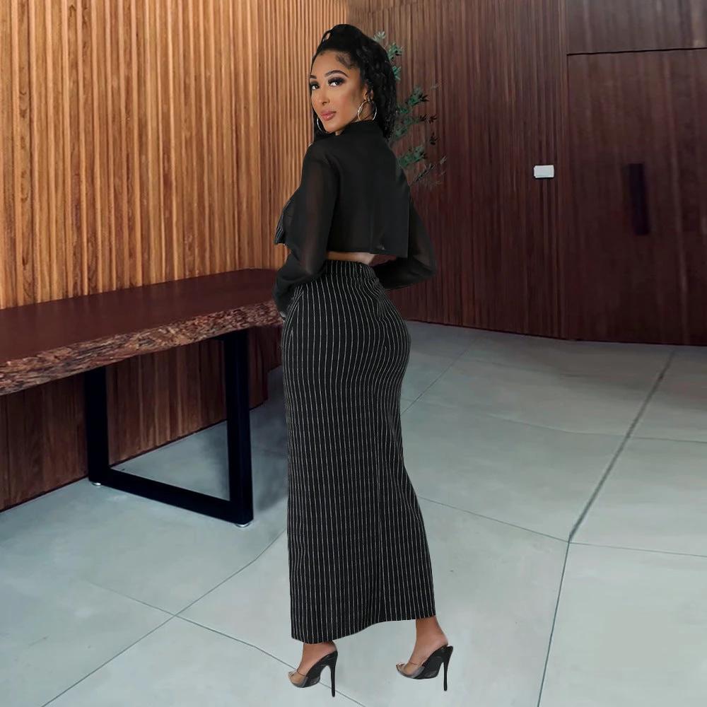 Autumn And Winter Women's Shirt Midriff-baring Long Sleeve Top Elastic Waist Skirt Suit by GJG Denim