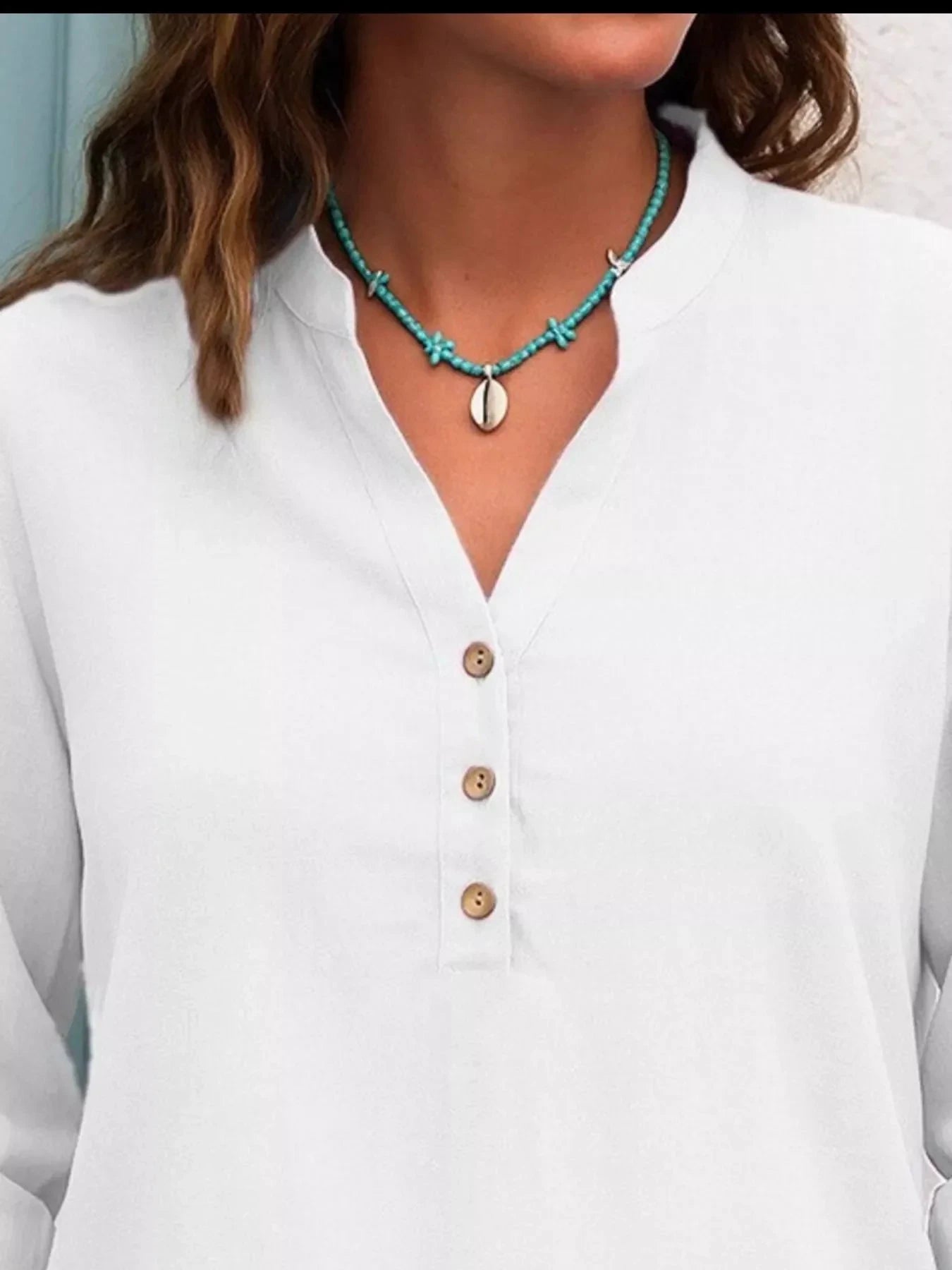 Full Size Button Detail Notched Long Sleeve Blouse Plus Size by Lady Ros