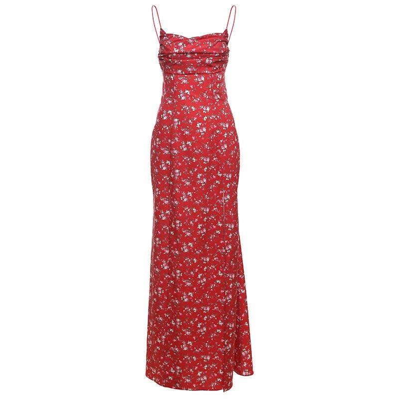 Women's Printed High Waist Slit Off-neck Dress by GJG Denim
