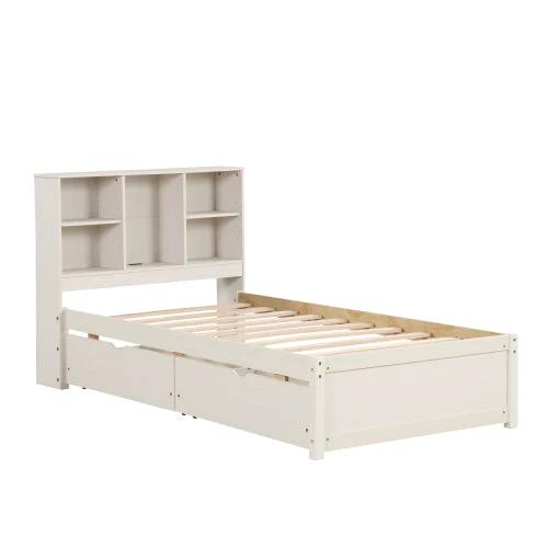 Modern Twin Size Bed Frame With Built-in USB Port On Bookcase Headboard And 2 Drawers White Washed Color by GJG Denim