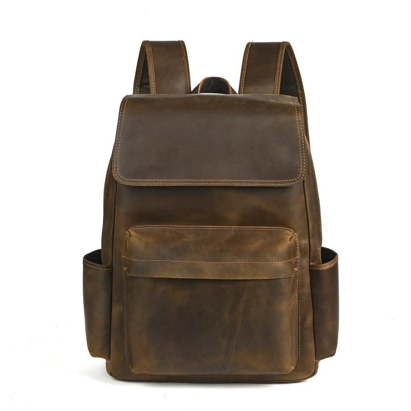 Flip-Top Design Multi-Pocket High-Capacity Commuter Leather Backpack For Men by GJG Denim