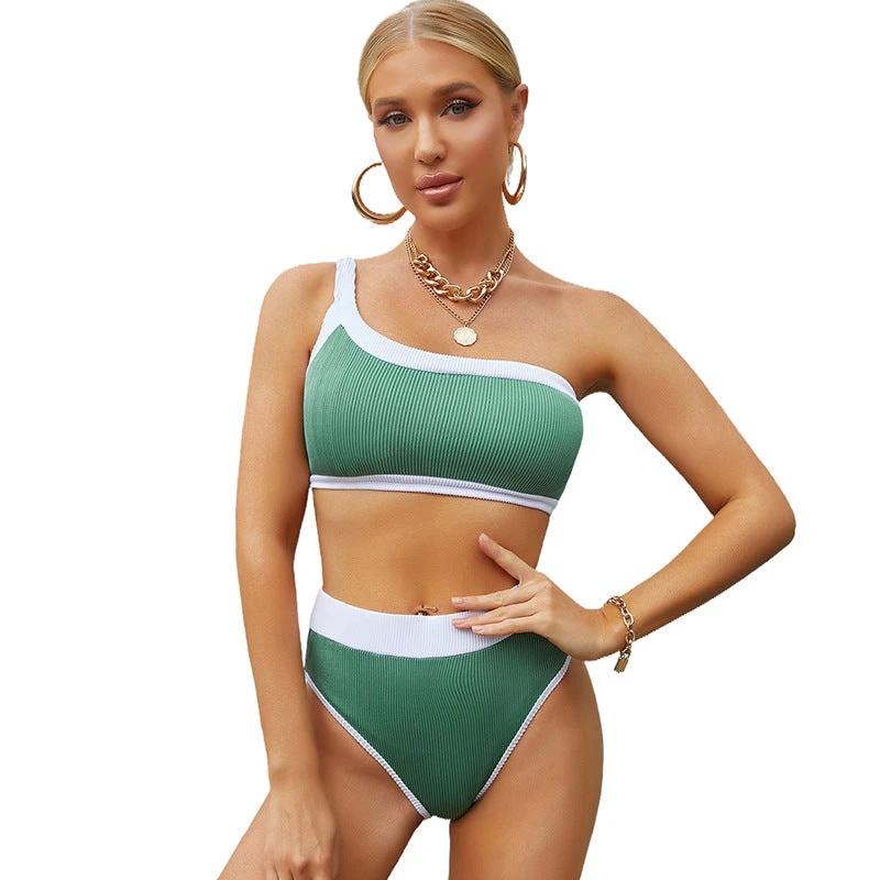 Single-side Strap Bikini Women's European And American Pure Color Tight High Waist Split by GJG Denim