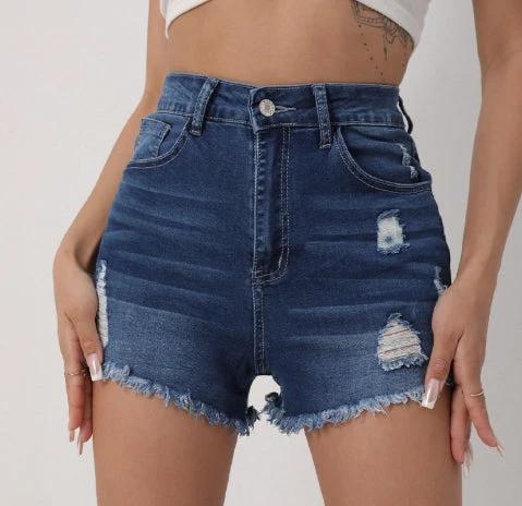 Womens High-waisted Slim-fit Ripped Denim Shorts by GJG Denim