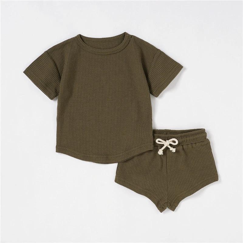 Children's Short-sleeved Suit Solid Color Baby Short Sleeve Two-piece Suit by GJG Denim