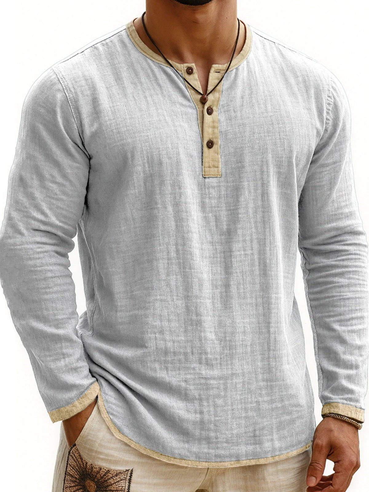 Men's Two-tone Henley Shirt 3-button Casual Long Sleeve Shirt by GJG Denim