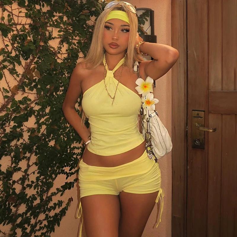 Figure-flattering Slimming Sleeveless Set Halter-style Top With Tie-up Detail Solid-color Shorts by GJG Denim