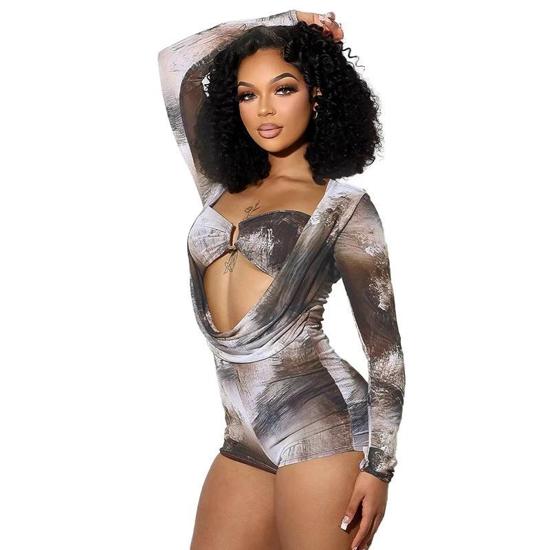 Slim Ink Blooming Printing Swing Collar Fake Two Pieces Long Sleeve Jumpsuit by GJG Denim