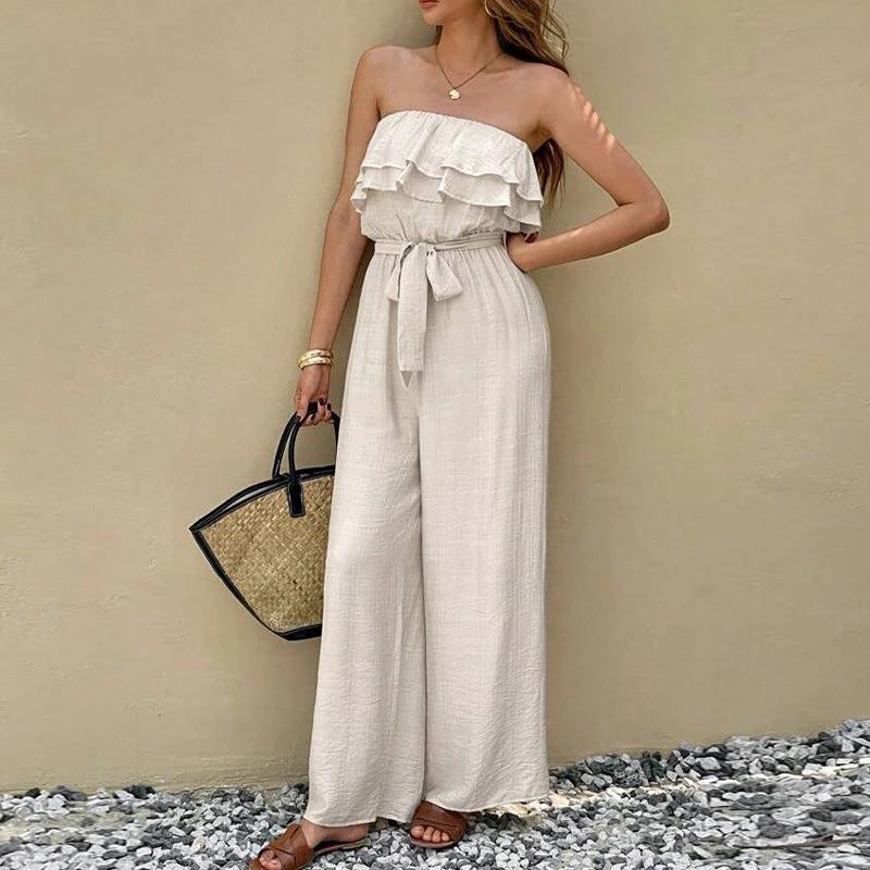 Women's Summer Sleeveless Tube Top Jumpsuit Ruffled Tied Jumpsuit by GJG Denim