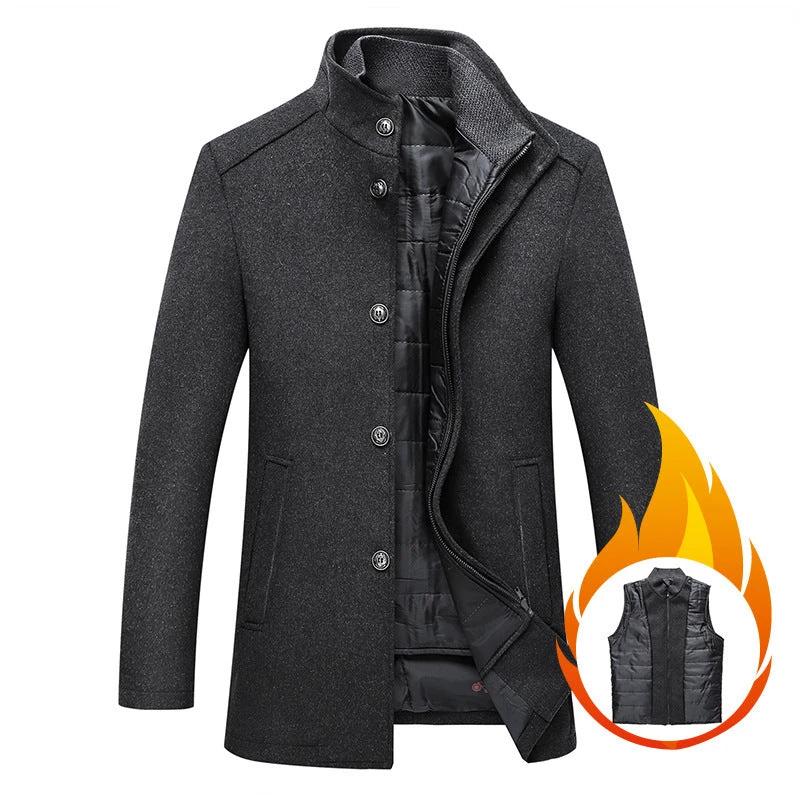 Solid Color Casual Men's Woolen Trench Coat by GJG Denim