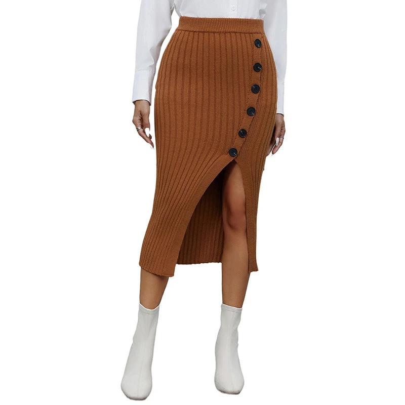 Casual Elegant Button Knitted Slit Commuter Skirt by GJG Denim
