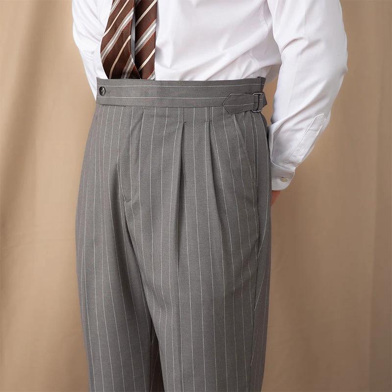 Men's Thin High Waist Straight British Striped Gentry Business Casual Pants by GJG Denim