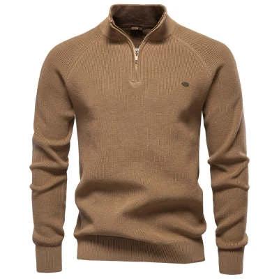 Men's Zipper Stand Collar Knitted Sweater Fashion Slim Solid Color Long Sleeve Half Turtleneck Top Men's Clothing by GJG Denim