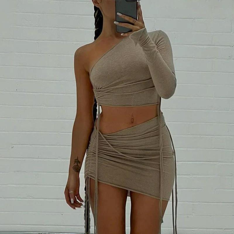 One Shoulder Midriff-baring Top Side Drawstring Skirt Set by GJG Denim