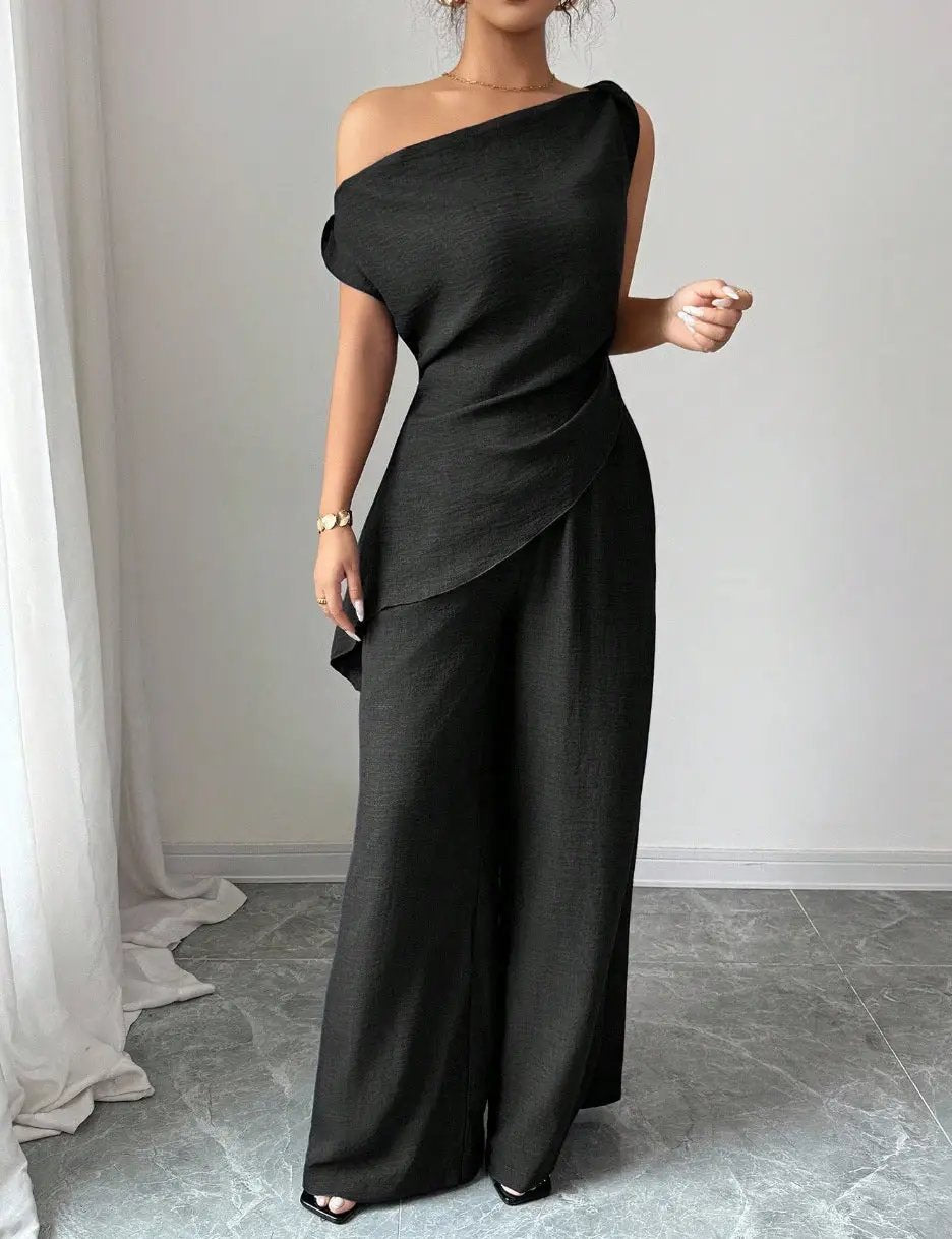 Solid-color Wide-leg Pants Suit For Women by GJG Denim