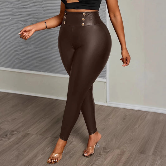 Plus-size Buttoned Tight-fit Figure-flattering Solid-color Stretchy PU Leather by GJG Denim