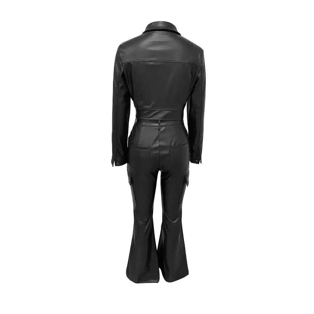 Suit-style Leather Jacket Best-selling Cardigan And Casual Trousers Set by GJG Denim