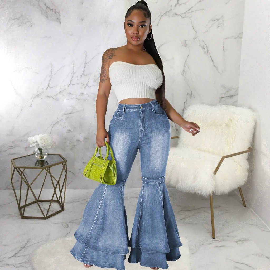Wide Leg Denim Stretch Flared Pants by GJG Denim