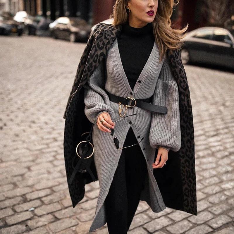 Coat Mid-length Black With A Turn-down Collar Leopard Print Top by GJG Denim