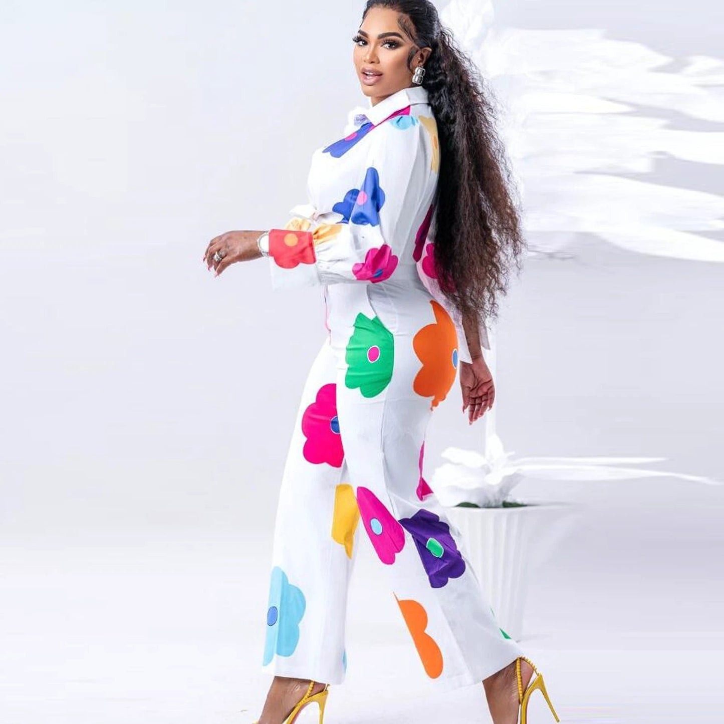 Women's Fashion Color Printed Shirt Suit Two-piece Set by GJG Denim