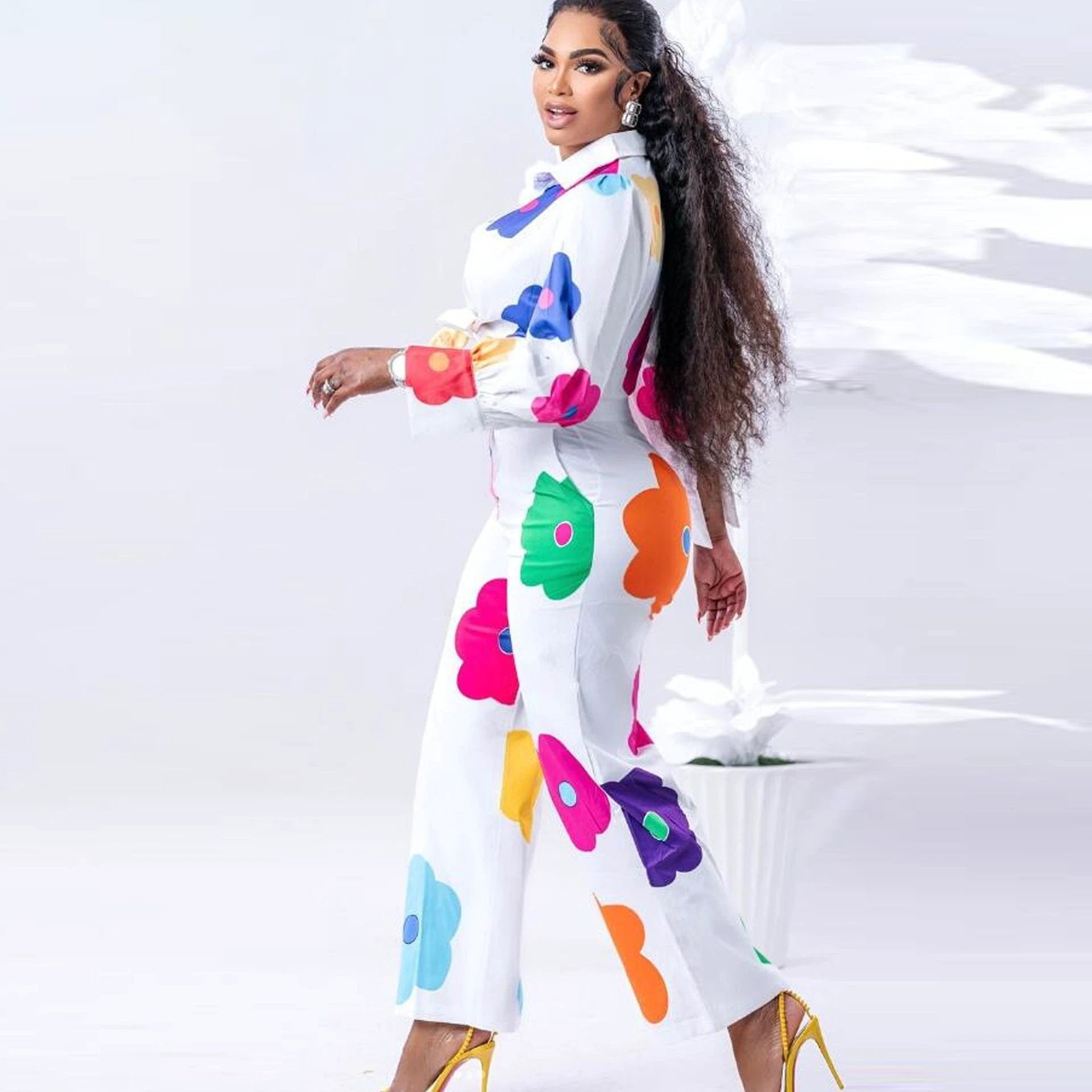 Women's Fashion Color Printed Shirt Suit Two-piece Set by GJG Denim