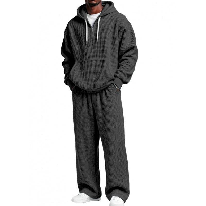 Solid Color Long Sleeved Long Pants Two-piece Set For Men by GJG Denim