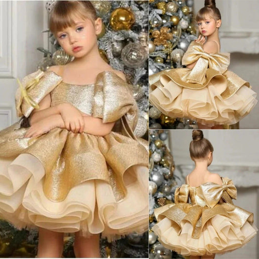 New Gold Satin One Year Old Celebration Dress Western Style Baby Girl Princess Dress by GJG Denim