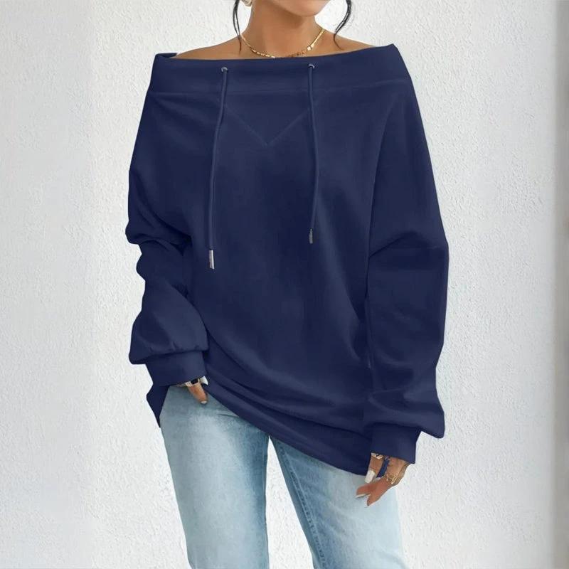 Plus Size Women's Solid Color Off-Shoulder Long Sleeve Pullover With Drawstring - Casual Ribbed Detail Top For Spring&Fall by GJG Denim